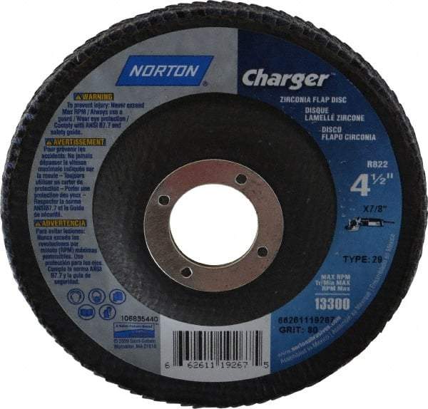 Norton - 80 Grit, 4-1/2" Disc Diam, 7/8" Center Hole, Type 29 Zirconia Alumina Flap Disc - 13,000 Max RPM, Fiberglass Backing, Arbor Attaching System, Coated - Apex Tool & Supply
