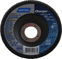 Norton - 80 Grit, 4-1/2" Disc Diam, 7/8" Center Hole, Type 29 Zirconia Alumina Flap Disc - 13,000 Max RPM, Fiberglass Backing, Arbor Attaching System, Coated - Apex Tool & Supply