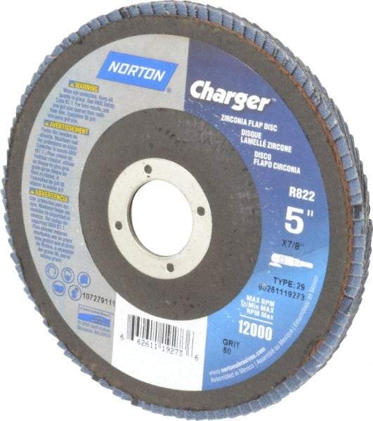 Norton - 80 Grit, 5" Disc Diam, 7/8" Center Hole, Type 29 Zirconia Alumina Flap Disc - 13,000 Max RPM, Fiberglass Backing, Coated - Apex Tool & Supply