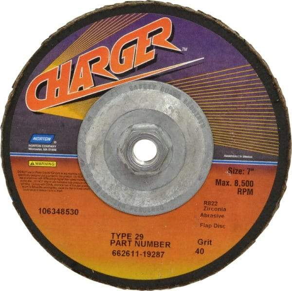 Norton - 40 Grit, 7" Disc Diam, 5/8-11 Center Hole, Type 29 Zirconia Alumina Flap Disc - 8,600 Max RPM, Fiberglass Backing, Coated - Apex Tool & Supply