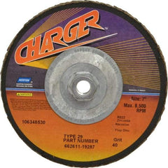 Norton - 40 Grit, 7" Disc Diam, 5/8-11 Center Hole, Type 29 Zirconia Alumina Flap Disc - 8,600 Max RPM, Fiberglass Backing, Coated - Apex Tool & Supply