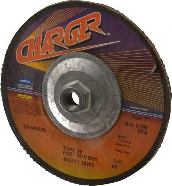 Norton - 80 Grit, 7" Disc Diam, 5/8-11 Center Hole, Type 29 Zirconia Alumina Flap Disc - 8,600 Max RPM, Fiberglass Backing, Coated - Apex Tool & Supply