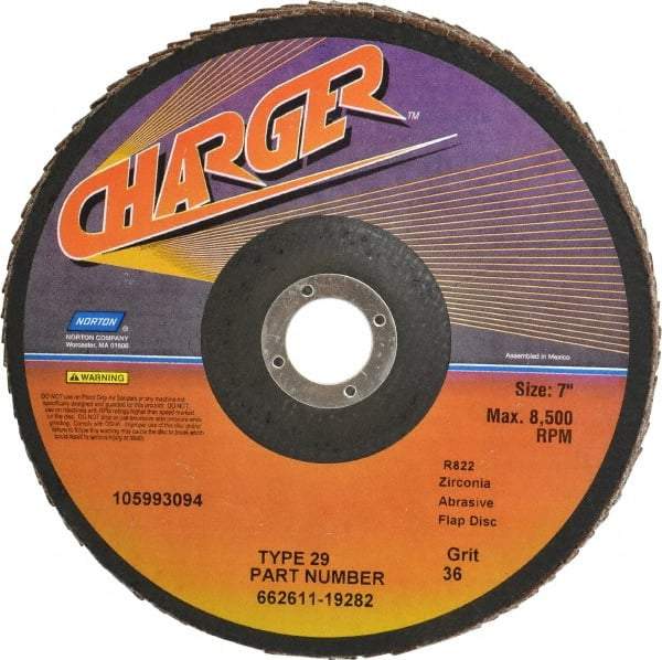 Norton - 36 Grit, 7" Disc Diam, 7/8" Center Hole, Type 29 Zirconia Alumina Flap Disc - 8,600 Max RPM, Fiberglass Backing, Coated - Apex Tool & Supply