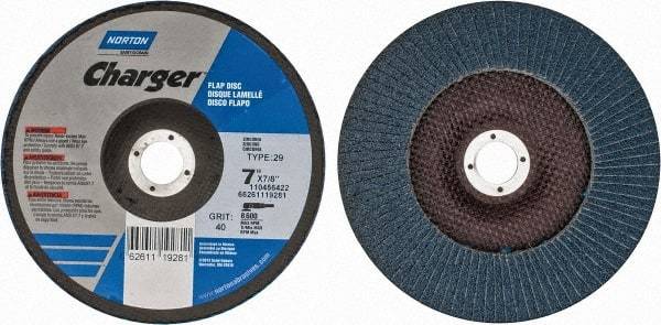 Norton - 40 Grit, 7" Disc Diam, 7/8" Center Hole, Type 29 Zirconia Alumina Flap Disc - 8,600 Max RPM, Fiberglass Backing, Arbor Attaching System, Coated - Apex Tool & Supply