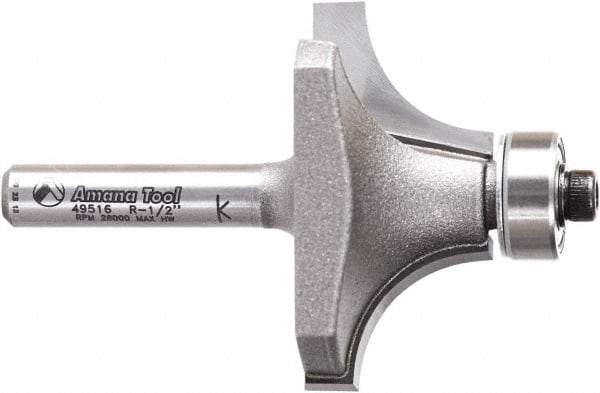Amana Tool - 1-1/2" Cut Diam, 3/4" Length of Cut, 2 Flute Round-Over Edge Profile Router Bit - Carbide-Tipped, 1/4" Shank Diam, 2-1/4" OAL, Uncoated - Apex Tool & Supply