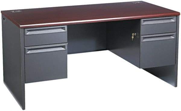 Hon - Woodgrain Laminate/Metal Double Pedestal Desk - 60" Wide x 30" Deep x 29" High, Mahogany/Charcoal - Apex Tool & Supply