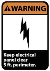 NMC - "Warning - Keep Electrical Panel Clear 5 Ft. Perimeter", 14" Long x 10" Wide, Rigid Plastic Safety Sign - Rectangle, 0.05" Thick, Use for Accident Prevention - Apex Tool & Supply