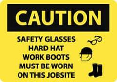 NMC - "Caution - Safety Glasses Hard Hat Work Boots Must Be Worn On This Jobsite", 20" Long x 28" Wide, Rigid Plastic Safety Sign - Rectangle, 0.05" Thick, Use for Accident Prevention - Apex Tool & Supply