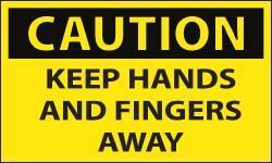 NMC - Accident Prevention Label, Header: CAUTION - Legend: Caution - Keep Hands and Fingers Away, English, Black & Yellow, 5" Long x 3" High, Sign Muscle Finish - Apex Tool & Supply