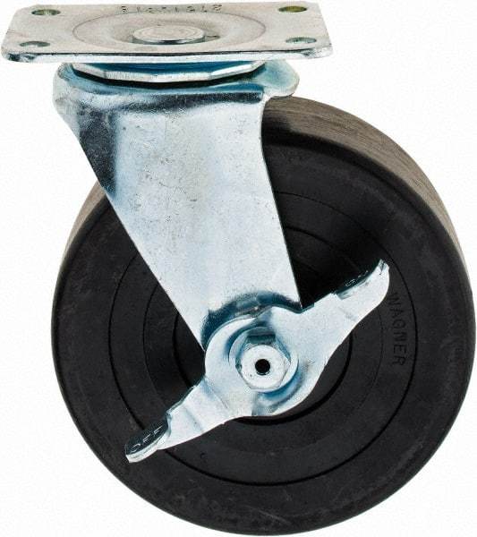 E.R. Wagner - 5" Diam x 2" Wide x 6" OAH Top Plate Mount Swivel Caster with Brake - Hard Rubber, 450 Lb Capacity, 2-3/4 x 3-3/4" Plate - Apex Tool & Supply