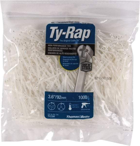 Thomas & Betts - 3.62" Long Natural (Color) Nylon Standard Cable Tie - 18 Lb Tensile Strength, 0.75mm Thick, 1-3/4" Max Bundle Diam - Apex Tool & Supply