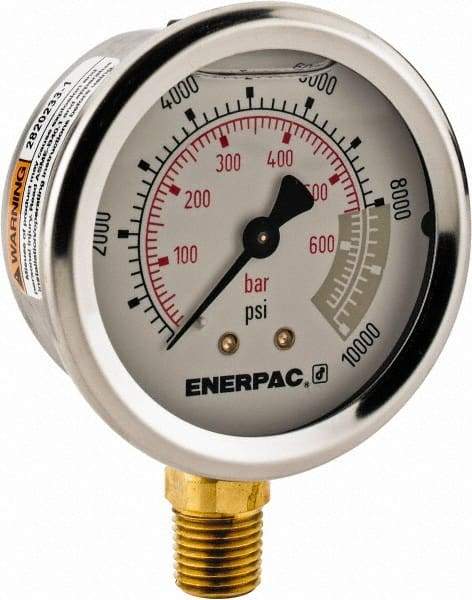 Enerpac - 0 to 10,000 psi Pressure Rating, 1/4 NPTF Gauge Connection, Hydraulic Pressure Liquid Filled Gage - 2-1/2" Face Diam - Apex Tool & Supply