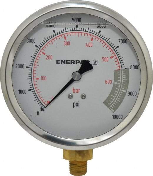 Enerpac - 0 to 10,000 psi Pressure Rating, 1/4 NPTF Gauge Connection, Hydraulic Pressure Liquid Filled Gage - 4" Face Diam - Apex Tool & Supply