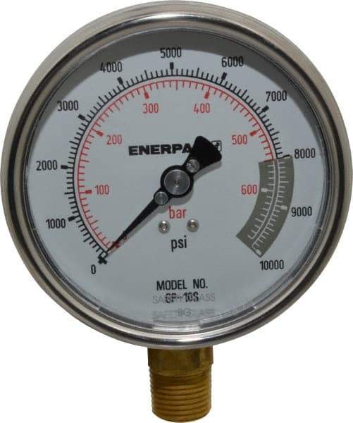 Enerpac - 0 to 10,000 psi Pressure Rating, 1/2 NPTF Gauge Connection, Hydraulic Pressure Dry Gage - 4" Face Diam - Apex Tool & Supply