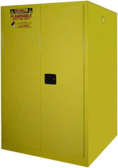 Securall Cabinets - 43" Wide x 31" Deep x 65" High, 18 Gauge Steel Vertical Drum Cabinet with 3 Point Key Lock - Yellow, Manual Closing Door, 1 Shelf, 2 Drums, Drum Rollers Included - Apex Tool & Supply