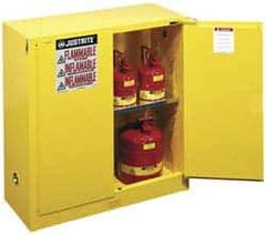 Justrite - 2 Door, 1 Shelf, Yellow Steel Standard Safety Cabinet for Flammable and Combustible Liquids - 44" High x 43" Wide x 18" Deep, Self Closing Door, 3 Point Key Lock, 30 Gal Capacity - Apex Tool & Supply