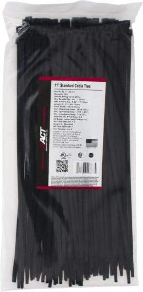 Made in USA - 11-1/4" Long Black Nylon Standard Cable Tie - 50 Lb Tensile Strength, 1.32mm Thick, 77.78mm Max Bundle Diam - Apex Tool & Supply