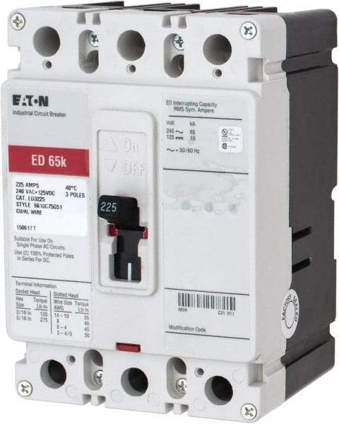 Eaton Cutler-Hammer - 225 Amp, 125 VDC, 240 VAC, 3 Pole, Molded Case Circuit Breaker - Thermal Magnetic Trip, 65 kA at 240 VAC Breaking Capacity, 4-4/0 AWG, 3-3/8 Inch Deep x 6 Inch High x 4-1/8 Inch Wide - Apex Tool & Supply
