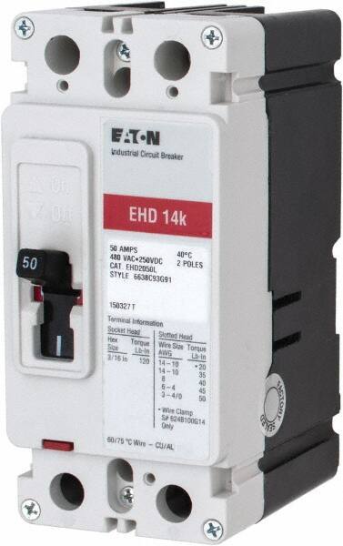 Eaton Cutler-Hammer - 50 Amp, 250 VDC, 480 VAC, 2 Pole, Molded Case Circuit Breaker - Thermal Magnetic Trip, Multiple Breaking Capacity Ratings, 14-1/0 AWG, 3-3/8 Inch Deep x 6 Inch High x 2-3/4 Inch Wide - Apex Tool & Supply