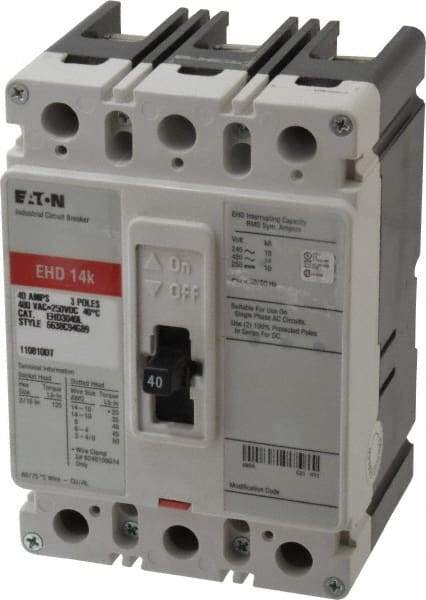 Eaton Cutler-Hammer - 40 Amp, 250 VDC, 480 VAC, 3 Pole, Molded Case Circuit Breaker - Thermal Magnetic Trip, 18 kA at 240 VAC Breaking Capacity, 14-1/0 AWG, 3-3/8 Inch Deep x 6 Inch High x 4-1/8 Inch Wide - Apex Tool & Supply