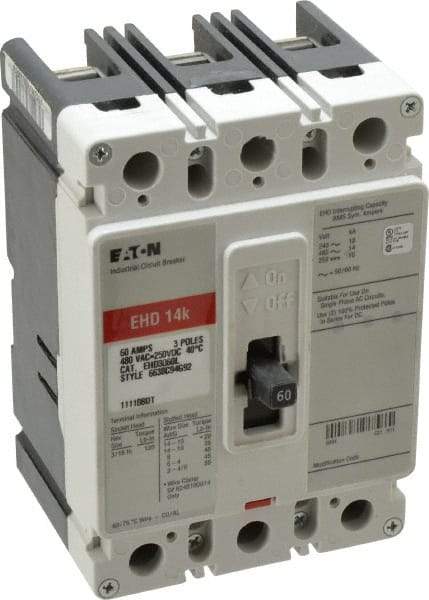 Eaton Cutler-Hammer - 60 Amp, 250 VDC, 480 VAC, 3 Pole, Molded Case Circuit Breaker - Thermal Magnetic Trip, 18 kA at 240 VAC Breaking Capacity, 14-1/0 AWG, 3-3/8 Inch Deep x 6 Inch High x 4-1/8 Inch Wide - Apex Tool & Supply