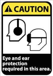 NMC - "Caution - Eye and Ear Protection Required in This Area", 14" Long x 10" Wide, Rigid Plastic Safety Sign - Rectangle, 0.05" Thick, Use for Accident Prevention - Apex Tool & Supply