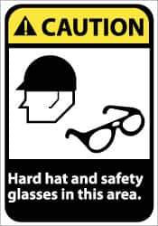 NMC - "Caution - Hard Hat and Safety Glasses in This Area", 14" Long x 10" Wide, Pressure-Sensitive Vinyl Safety Sign - Rectangle, 0.004" Thick, Use for Accident Prevention - Apex Tool & Supply
