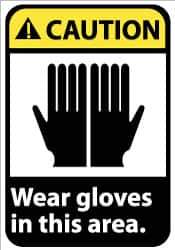 NMC - "Caution - Wear Gloves in This Area", 14" Long x 10" Wide, Pressure-Sensitive Vinyl Safety Sign - Rectangle, 0.004" Thick, Use for Accident Prevention - Apex Tool & Supply