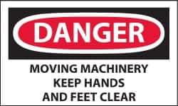 NMC - Accident Prevention Label, Header: DANGER - Legend: Danger - Moving Machinery - Keep Hands and Feet Clear, English, Red, Black & White, 5" Long x 3" High, Sign Muscle Finish - Apex Tool & Supply