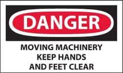 NMC - Accident Prevention Label, Header: DANGER - Legend: Danger - Moving Machinery - Keep Hands and Feet Clear, English, Red, Black & White, 5" Long x 3" High, Sign Muscle Finish - Apex Tool & Supply