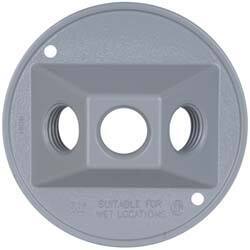 Cooper Crouse-Hinds - 3 Outlet, 1/2" Hole Diam, Powder Coat Finish, Round Noncorrosive Weatherproof Box Cover - 4-1/2" Wide x 9/16" High, Wet Locations, Aluminum, UL Listed - Apex Tool & Supply