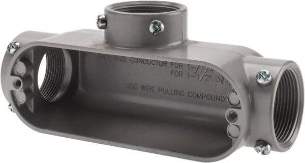 Cooper Crouse-Hinds - Form 5, T Body, 1-1/2" Trade, EMT, IMC, Rigid Aluminum Conduit Body - Rectangle, 8.45" OAL, 33.1 cc Capacity, Gray - Apex Tool & Supply