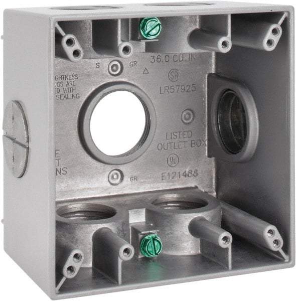 Cooper Crouse-Hinds - 2 Gang, (7) 1" Knockouts, Aluminum Square Outlet Box - 4-1/2" Overall Height x 4-1/2" Overall Width x 2-21/32" Overall Depth, Weather Resistant - Apex Tool & Supply