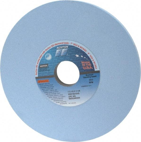 Norton - 7" Diam x 1-1/4" Hole x 1/2" Thick, K Hardness, 100 Grit Surface Grinding Wheel - Ceramic, Type 1, Fine Grade, 3,600 Max RPM, Vitrified Bond, No Recess - Apex Tool & Supply