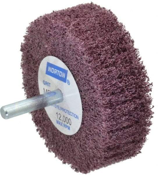 Norton - 3" Diam x 1" Face Width, Medium Aluminum Oxide Nonwoven Mounted Flap Wheel - 1/4" Shank Mount, 18,000 Max RPM - Apex Tool & Supply