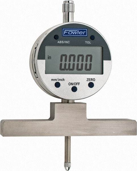 Fowler - 0" to 22" Alloy Steel Electronic Depth Gage - 0.0008" Accuracy, 0.01mm Resolution, 4" Base Length - Apex Tool & Supply
