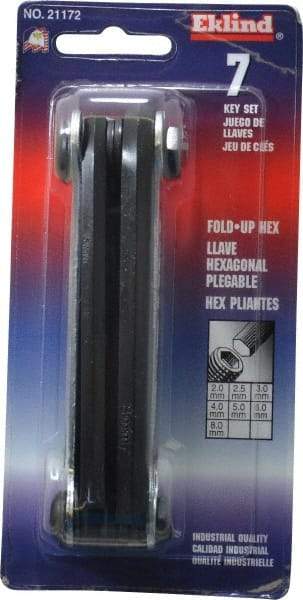 Eklind - 7 Piece Fold-Up Hex Key Set - Hex Range 2 to 8mm, Alloy Steel - Apex Tool & Supply