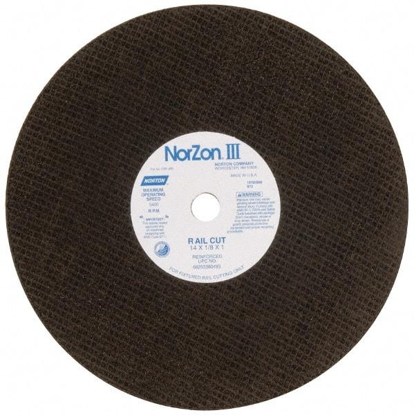 Norton - 14" 30 Grit Zirconia Alumina Cutoff Wheel - 1/8" Thick, 1" Arbor, 5,400 Max RPM, Use with Electric & Gas Powered Saws - Apex Tool & Supply