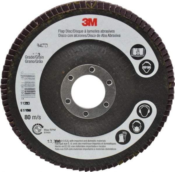 3M - 120 Grit, 4-1/2" Disc Diam, 7/8" Center Hole, Type 27 Ceramic Flap Disc - 13,300 Max RPM, Cloth Backing, Arbor Attaching System, Coated - Apex Tool & Supply
