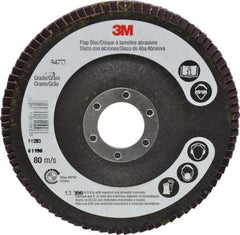 3M - 120 Grit, 4-1/2" Disc Diam, 7/8" Center Hole, Type 27 Ceramic Flap Disc - 13,300 Max RPM, Cloth Backing, Arbor Attaching System, Coated - Apex Tool & Supply