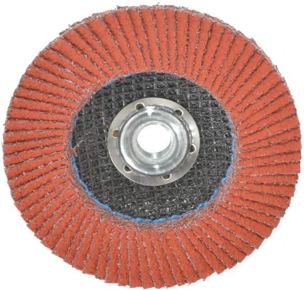 3M - 40 Grit, 4-1/2" Disc Diam, 5/8-11 Center Hole, Type 27 Ceramic Flap Disc - 13,300 Max RPM, Cloth Backing, Arbor Attaching System, Coated - Apex Tool & Supply
