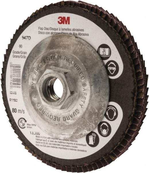 3M - 60 Grit, 4-1/2" Disc Diam, 5/8-11 Center Hole, Type 27 Ceramic Flap Disc - 13,300 Max RPM, Cloth Backing, Arbor Attaching System, Coated - Apex Tool & Supply