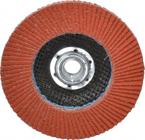 3M - 80 Grit, 4-1/2" Disc Diam, 5/8-11 Center Hole, Type 27 Ceramic Flap Disc - 13,300 Max RPM, Cloth Backing, Arbor Attaching System, Coated - Apex Tool & Supply
