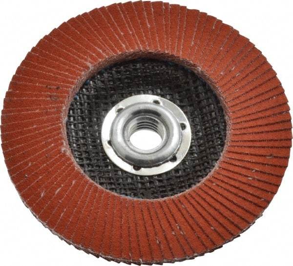 3M - 120 Grit, 4-1/2" Disc Diam, 5/8-11 Center Hole, Type 27 Ceramic Flap Disc - 13,300 Max RPM, Cloth Backing, Arbor Attaching System, Coated - Apex Tool & Supply