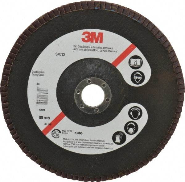 3M - 40 Grit, 7" Disc Diam, 7/8" Center Hole, Type 27 Ceramic Flap Disc - 8,600 Max RPM, Cloth Backing, Arbor Attaching System, Coated - Apex Tool & Supply