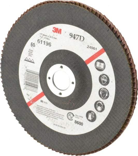 3M - 60 Grit, 7" Disc Diam, 7/8" Center Hole, Type 27 Ceramic Flap Disc - 8,600 Max RPM, Cloth Backing, Arbor Attaching System, Coated - Apex Tool & Supply