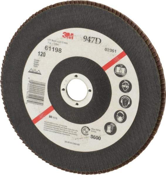 3M - 120 Grit, 7" Disc Diam, 7/8" Center Hole, Type 27 Ceramic Flap Disc - 8,600 Max RPM, Cloth Backing, Arbor Attaching System, Coated - Apex Tool & Supply