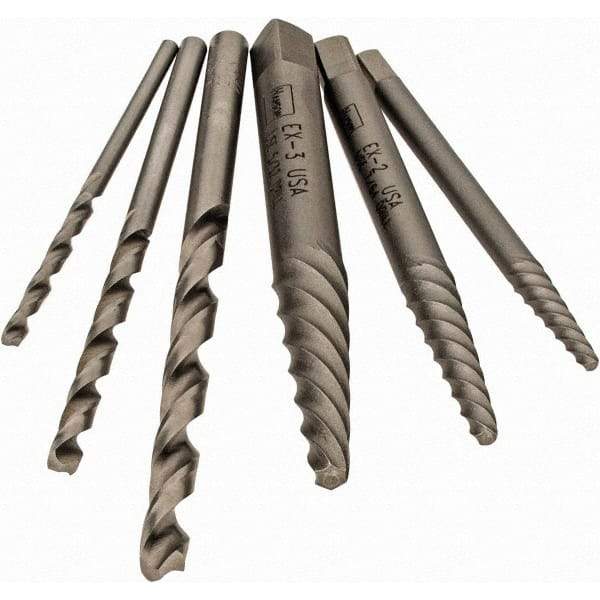 Irwin - 6 Piece Spiral Flute Screw Extractor Set - Screw Range 3/16 to 7/16" - Apex Tool & Supply