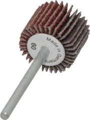 Value Collection - 3/4" Diam x 5/8" Face Width, Medium Aluminum Oxide Coated Mounted Flap Wheel - 1/8" Shank Mount, 60 Grit, X Weighted Cloth Backing, 35,000 Max RPM - Apex Tool & Supply