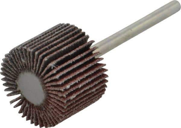 Value Collection - 3/4" Diam x 5/8" Face Width, Fine Aluminum Oxide Coated Mounted Flap Wheel - 1/8" Shank Mount, 120 Grit, X Weighted Cloth Backing, 35,000 Max RPM - Apex Tool & Supply